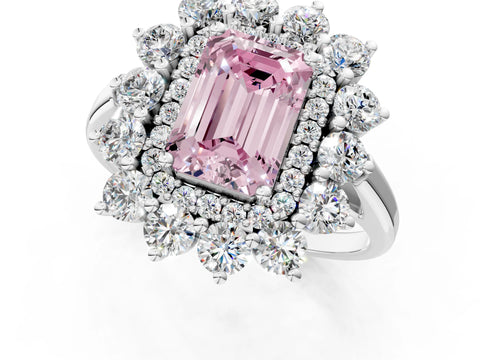 White gold Fancy Pink Emerald Cut Halo Cluster Diamond Ring with Pave Band and Four-Prong Setting_13