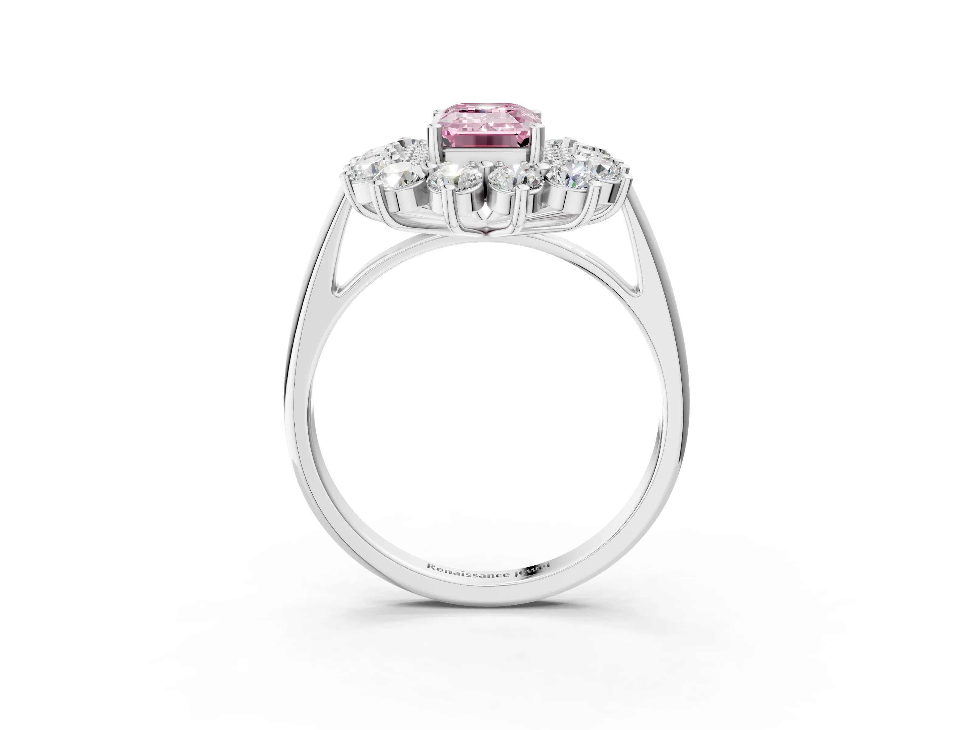 White gold Fancy Pink Emerald Cut Halo Cluster Diamond Ring with Pave Band and Four-Prong Setting_15
