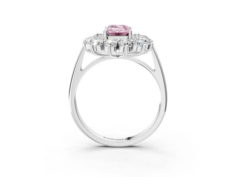 White gold Fancy Pink Emerald Cut Halo Cluster Diamond Ring with Pave Band and Four-Prong Setting_15