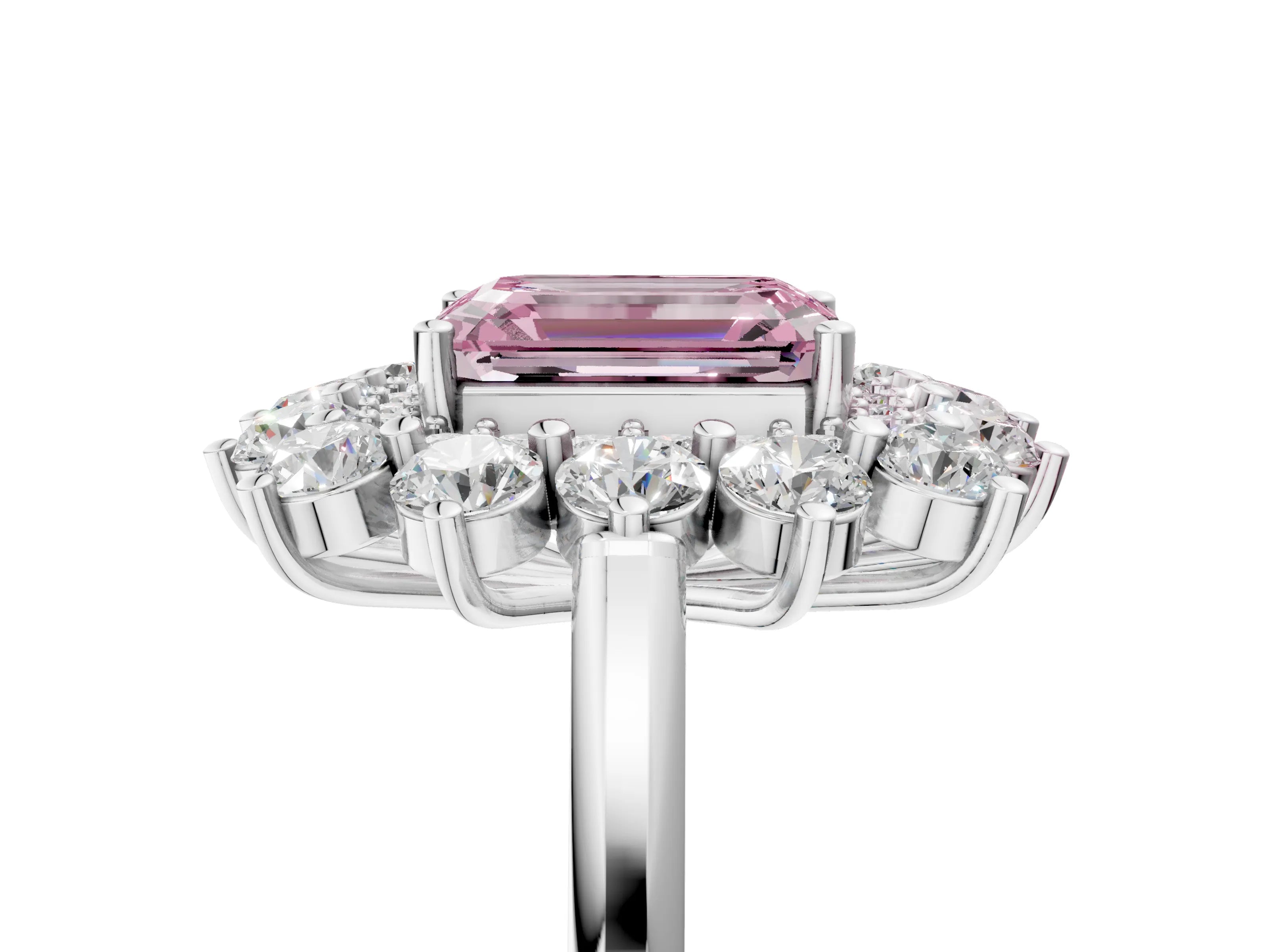 White gold Fancy Pink Emerald Cut Halo Cluster Diamond Ring with Pave Band and Four-Prong Setting_17