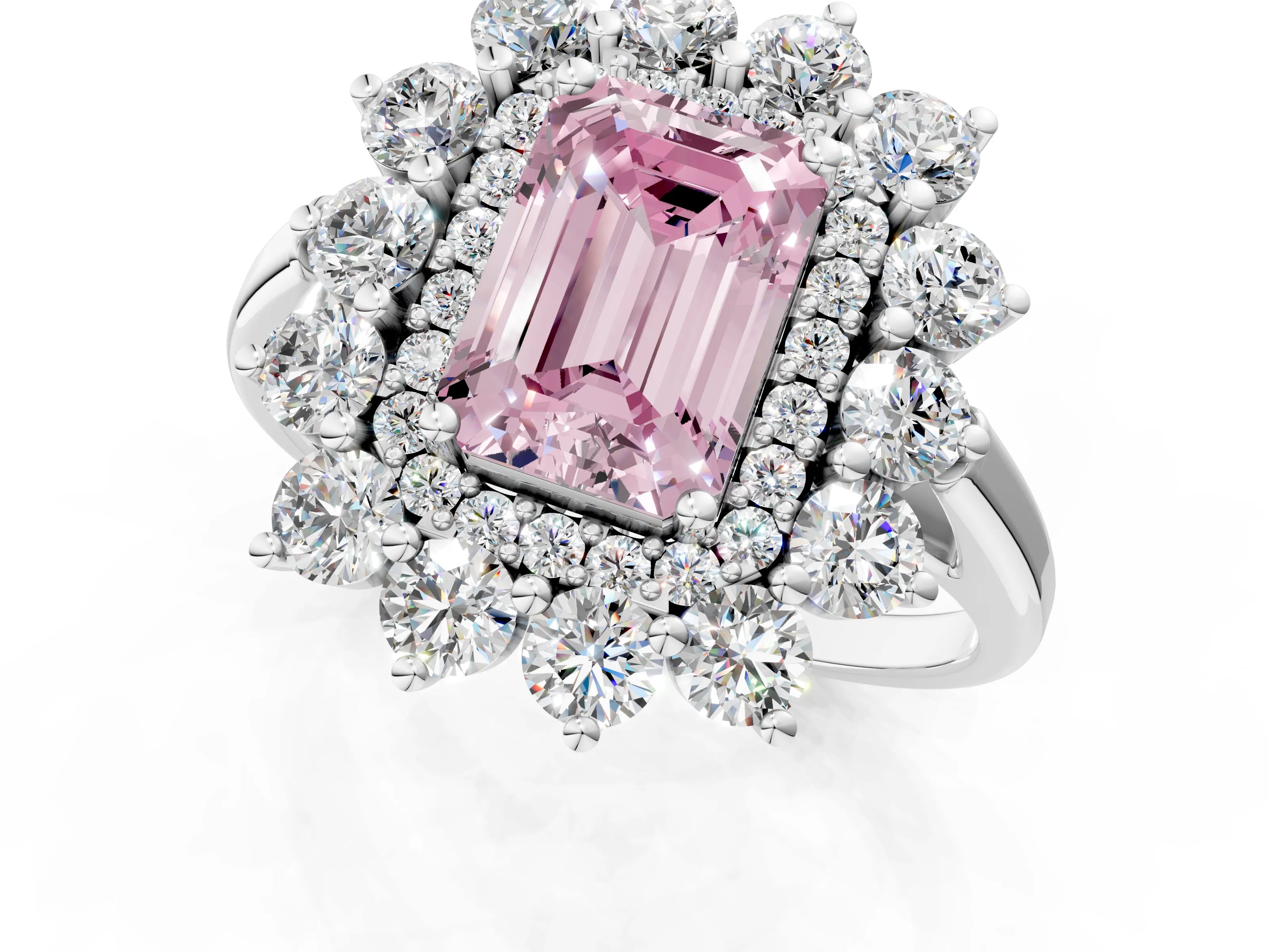White gold Fancy Pink Emerald Cut Halo Cluster Diamond Ring with Pave Band and Four-Prong Setting_1