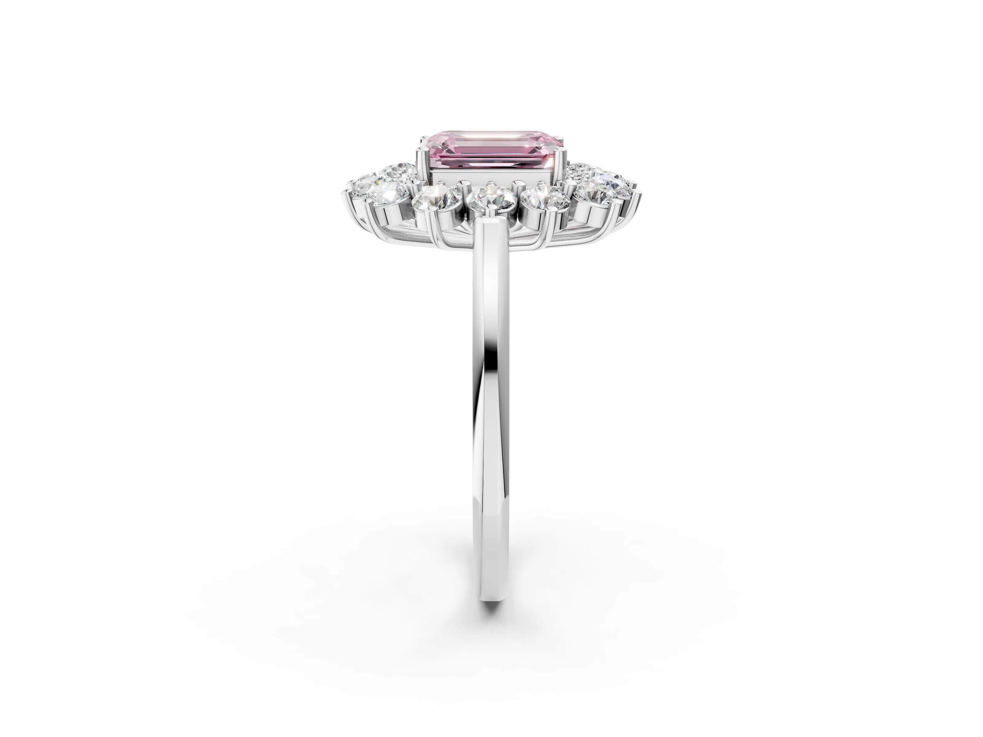 White gold Fancy Pink Emerald Cut Halo Cluster Diamond Ring with Pave Band and Four-Prong Setting_2