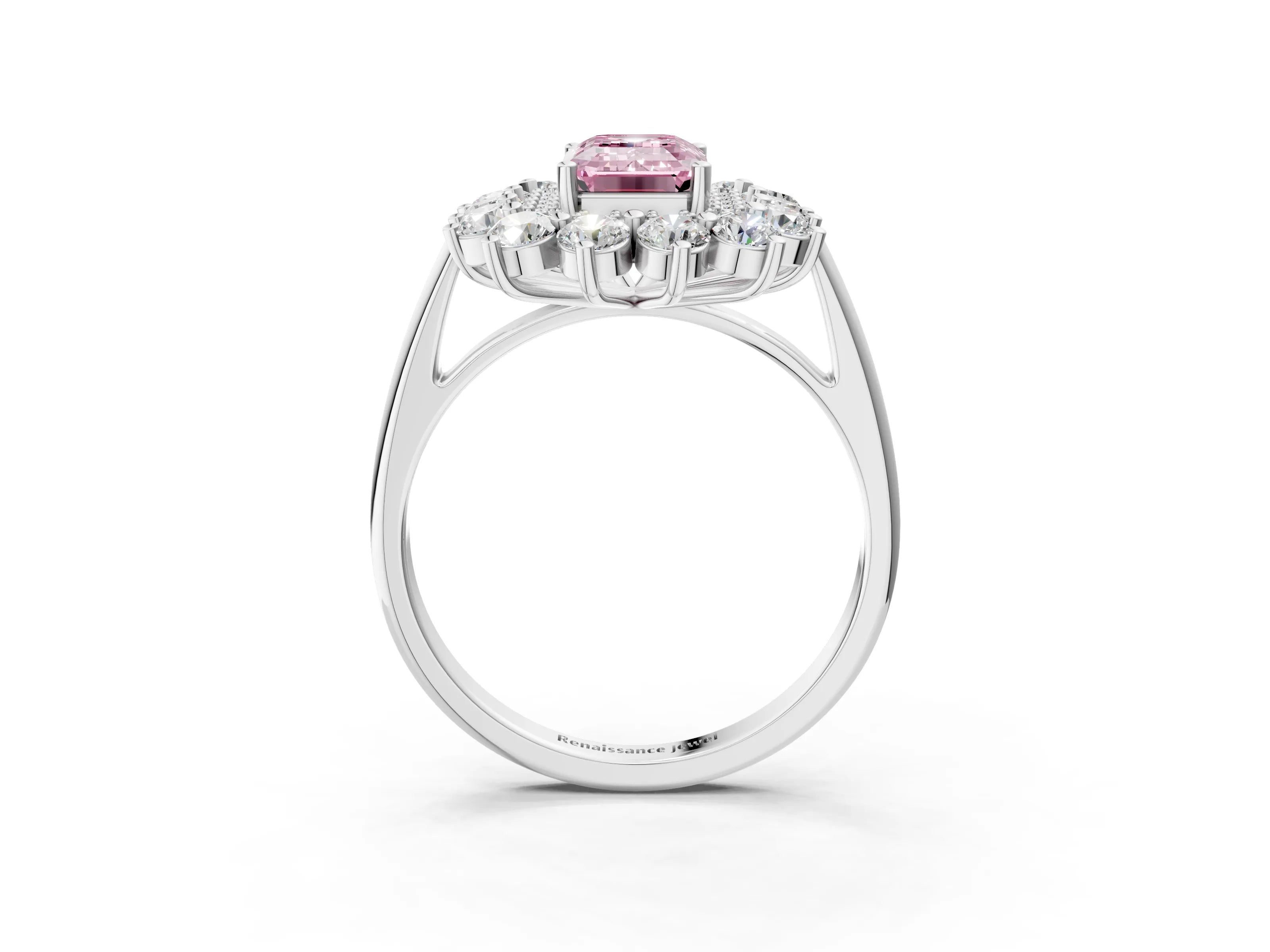 White gold Fancy Pink Emerald Cut Halo Cluster Diamond Ring with Pave Band and Four-Prong Setting_3