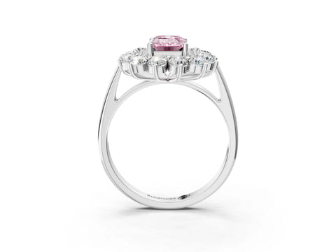 White gold Fancy Pink Emerald Cut Halo Cluster Diamond Ring with Pave Band and Four-Prong Setting_3