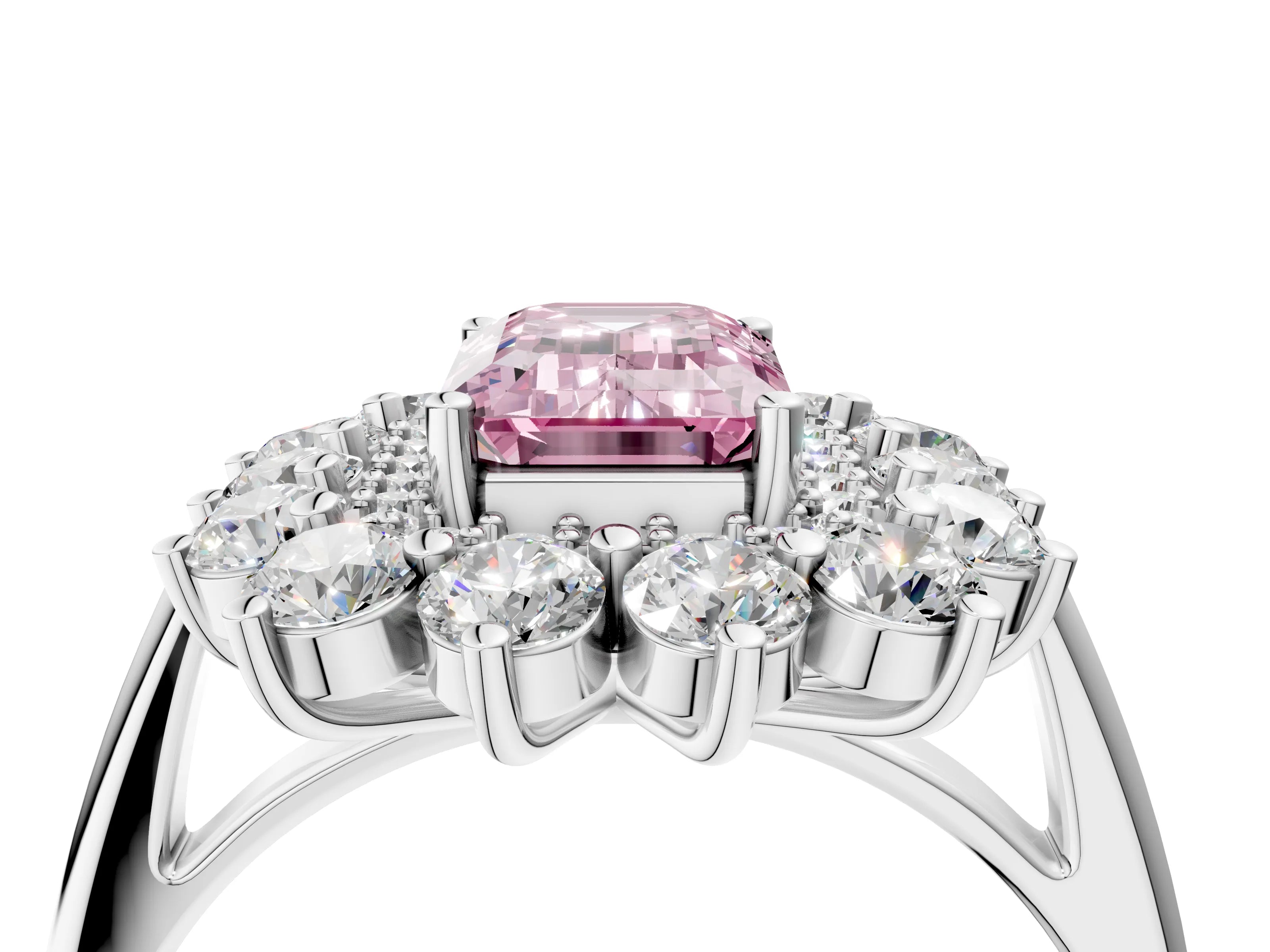 White gold Fancy Pink Emerald Cut Halo Cluster Diamond Ring with Pave Band and Four-Prong Setting_4