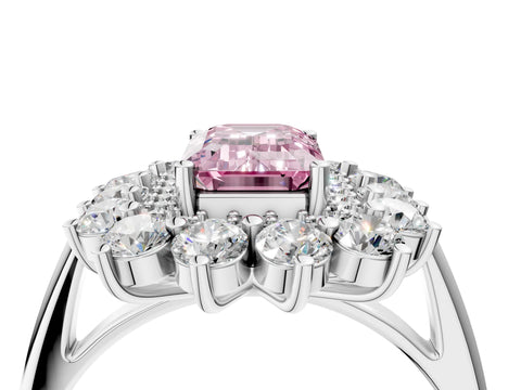 White gold Fancy Pink Emerald Cut Halo Cluster Diamond Ring with Pave Band and Four-Prong Setting_4