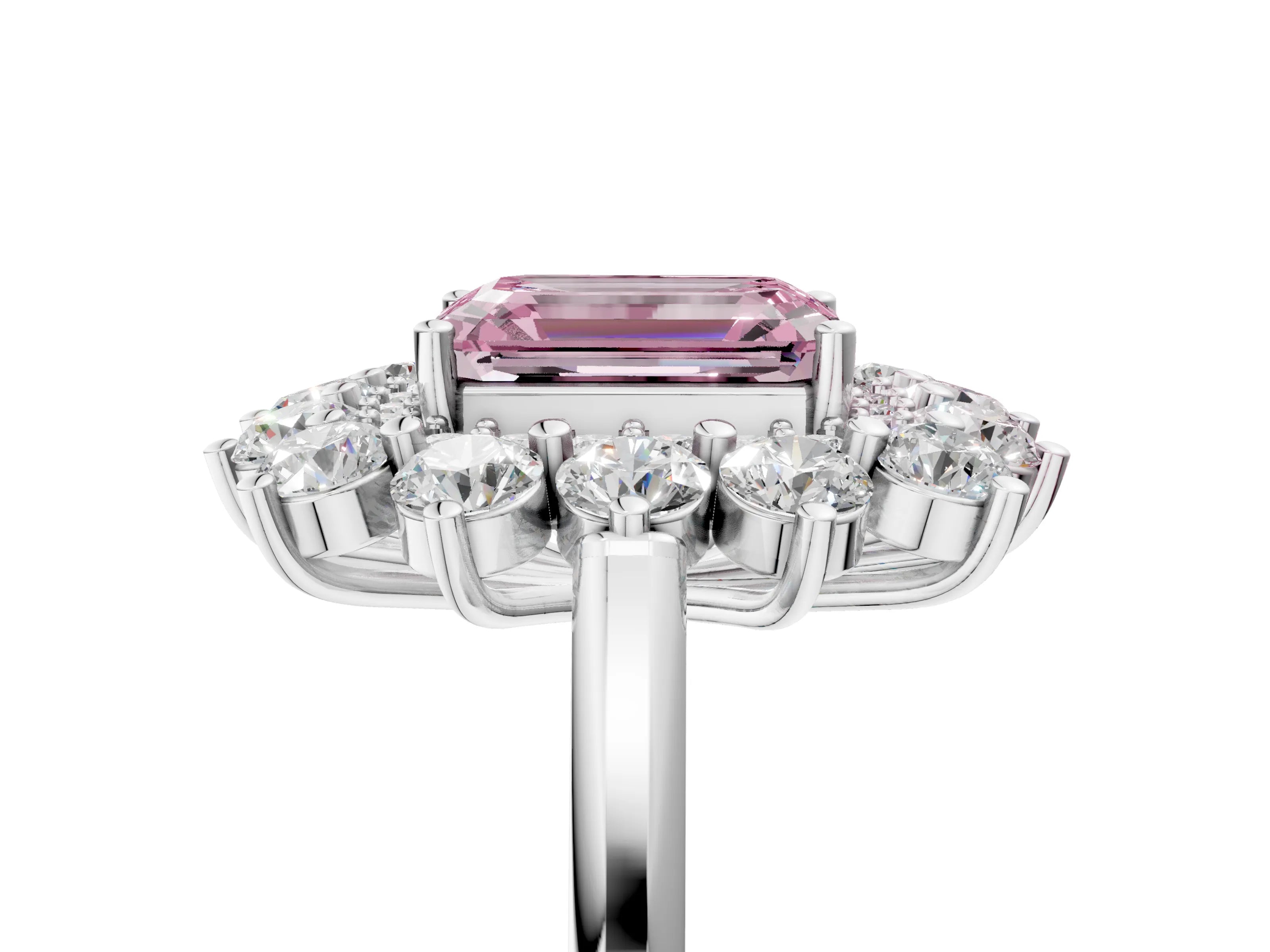White gold Fancy Pink Emerald Cut Halo Cluster Diamond Ring with Pave Band and Four-Prong Setting_5
