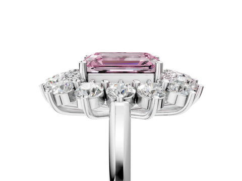 White gold Fancy Pink Emerald Cut Halo Cluster Diamond Ring with Pave Band and Four-Prong Setting_5