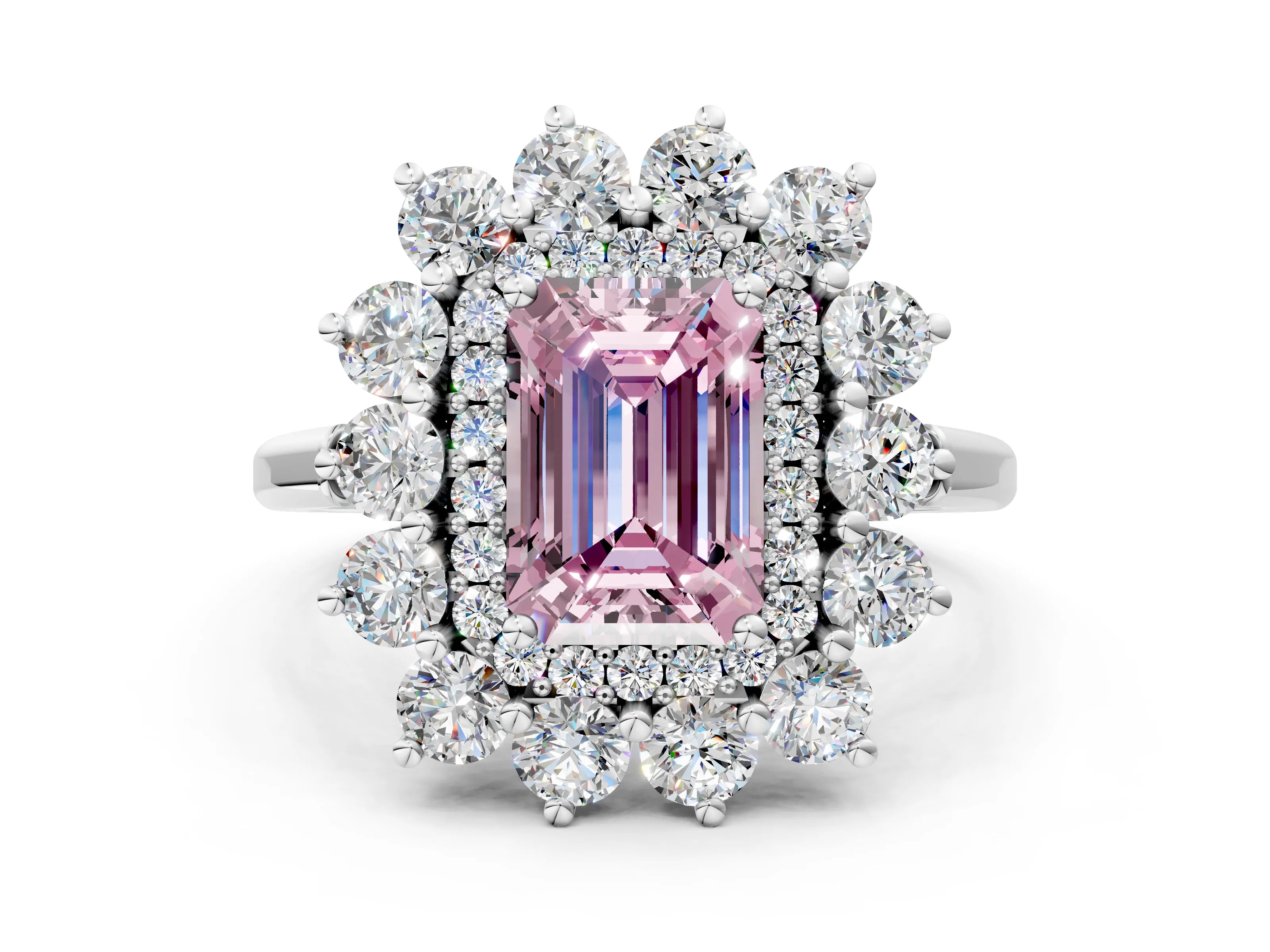 White gold Fancy Pink Emerald Cut Halo Cluster Diamond Ring with Pave Band and Four-Prong Setting