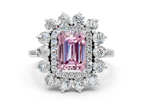 White gold Fancy Pink Emerald Cut Halo Cluster Diamond Ring with Pave Band and Four-Prong Setting