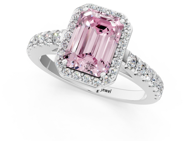 White gold Fancy Pink Emerald  Cut Halo Diamond Engagement Ring with Pave Band and Four-Prong Setting
