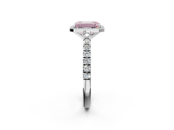 White gold Fancy Pink Emerald  Cut Halo Diamond Engagement Ring with Pave Band and Four-Prong Setting
