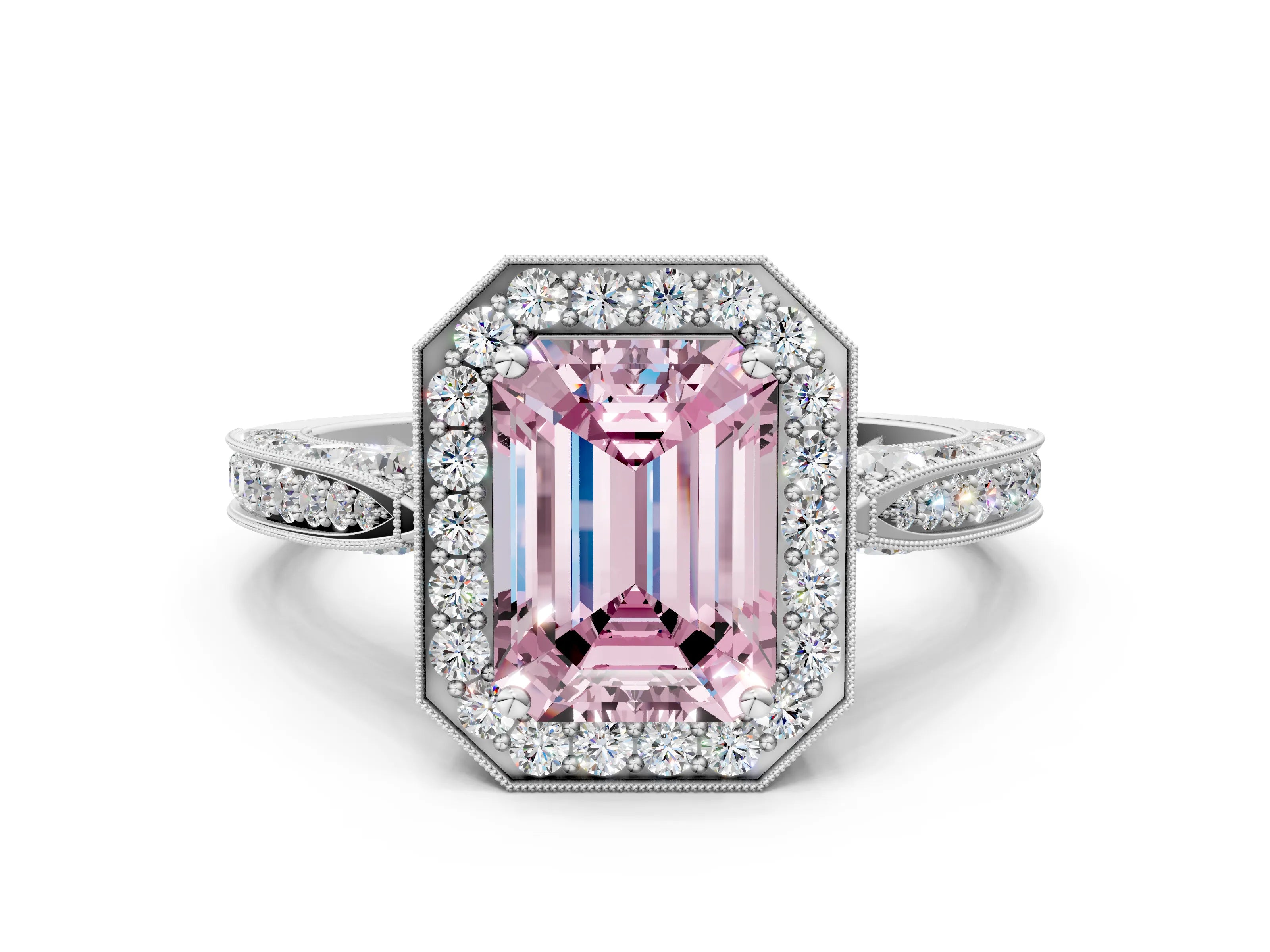 White gold Fancy Pink Emerald Cut Halo Diamond Engagement Ring with Split Shank Band and Four-Prong Setting