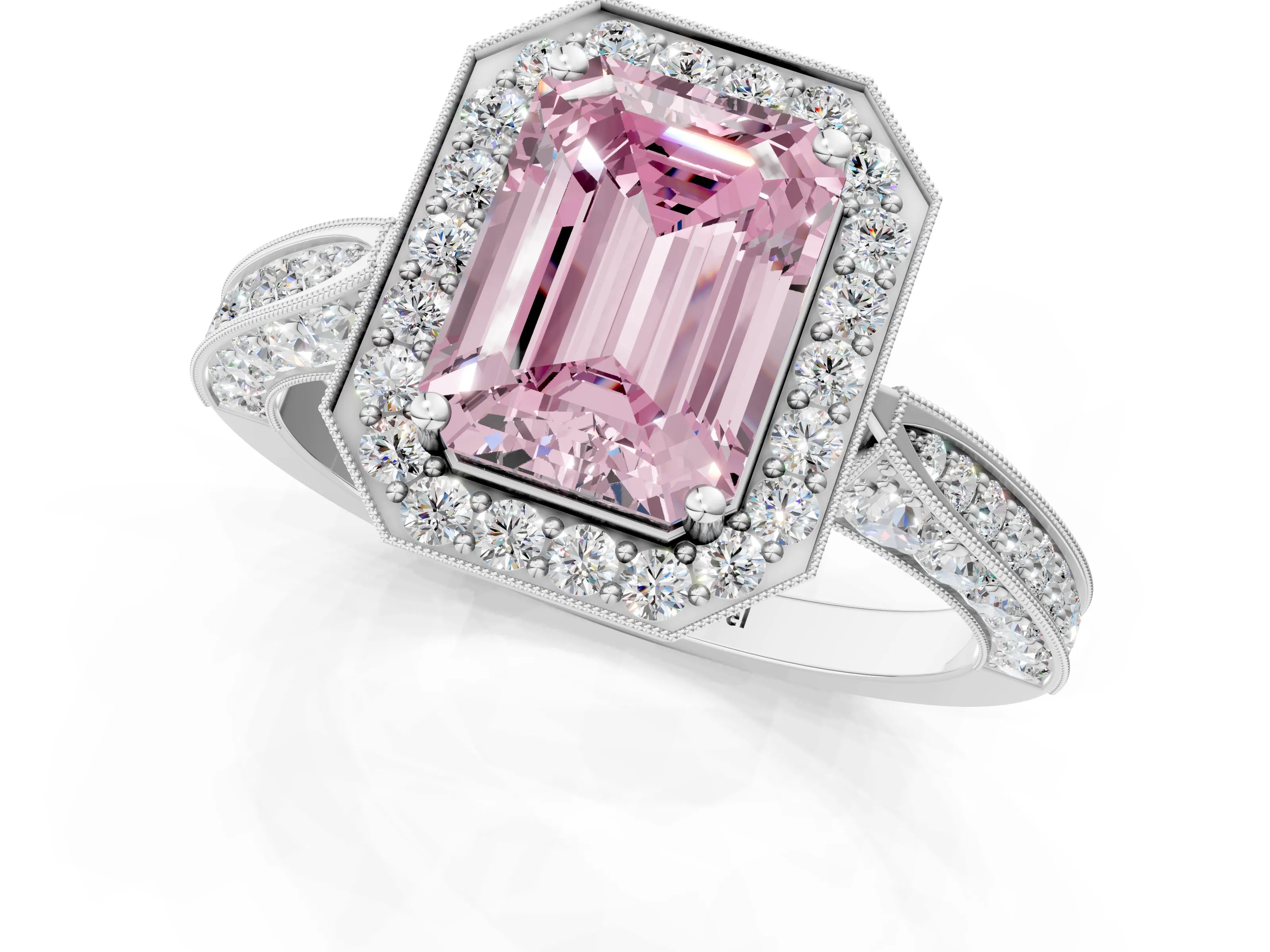 White gold Fancy Pink Emerald Cut Halo Diamond Engagement Ring with Split Shank Band and Four-Prong Setting_1