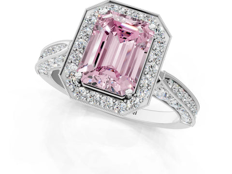 White gold Fancy Pink Emerald Cut Halo Diamond Engagement Ring with Split Shank Band and Four-Prong Setting_1