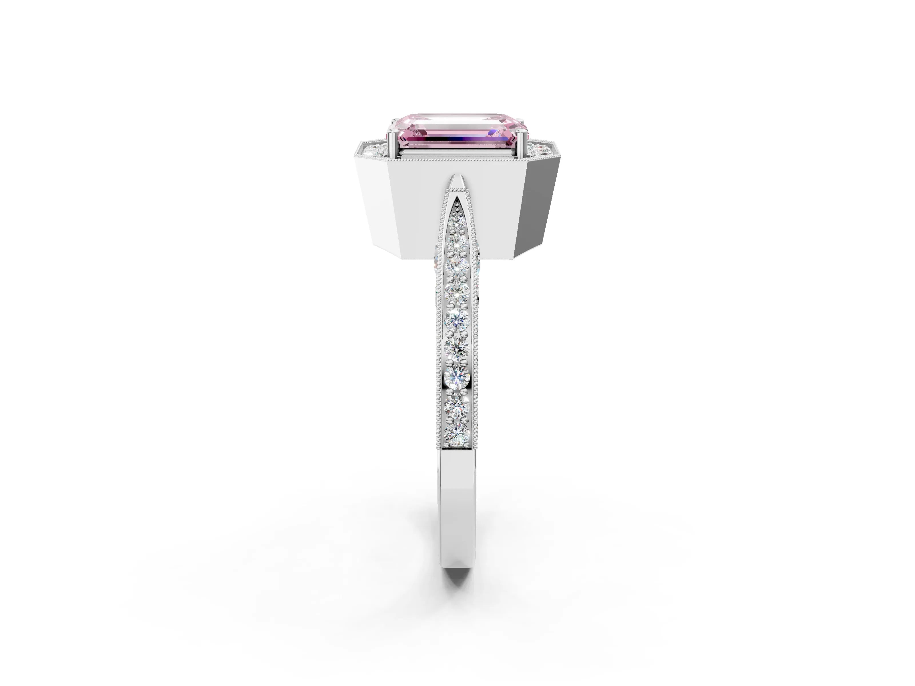 White gold Fancy Pink Emerald Cut Halo Diamond Engagement Ring with Split Shank Band and Four-Prong Setting_2