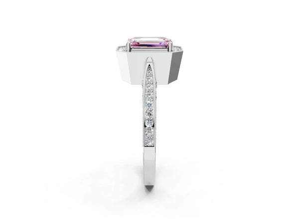 White gold Fancy Pink Emerald Cut Halo Diamond Engagement Ring with Split Shank Band and Four-Prong Setting