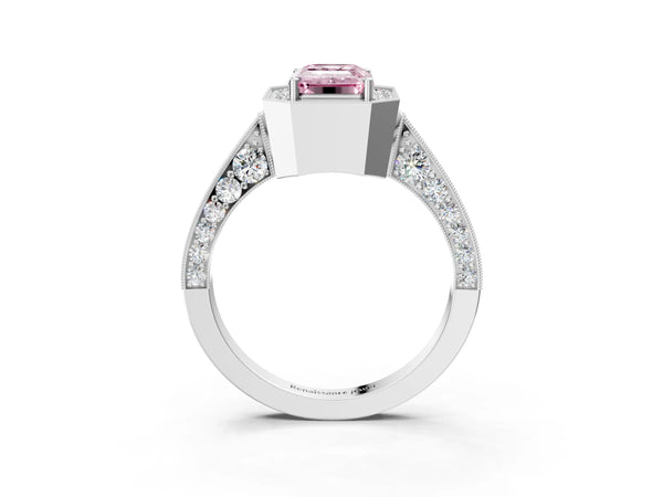 White gold Fancy Pink Emerald Cut Halo Diamond Engagement Ring with Split Shank Band and Four-Prong Setting
