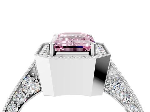 White gold Fancy Pink Emerald Cut Halo Diamond Engagement Ring with Split Shank Band and Four-Prong Setting_4