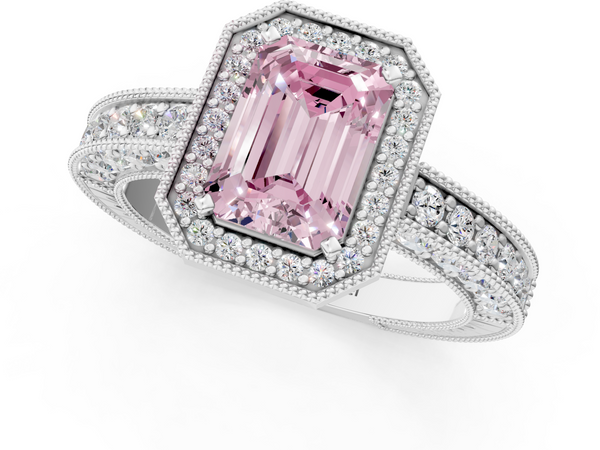 White gold Fancy Pink Emerald  Cut Halo Diamond Pave Band Ring with Four-Prong Setting