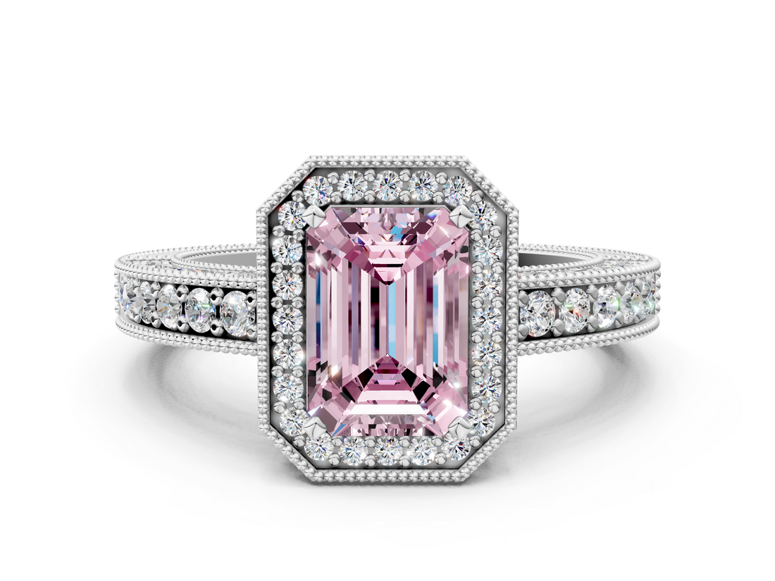 White gold Fancy Pink Emerald  Cut Halo Diamond Pave Band Ring with Four-Prong Setting_114