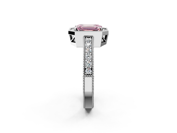 White gold Fancy Pink Emerald  Cut Halo Diamond Pave Band Ring with Four-Prong Setting