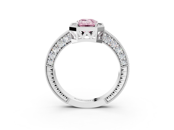 White gold Fancy Pink Emerald  Cut Halo Diamond Pave Band Ring with Four-Prong Setting