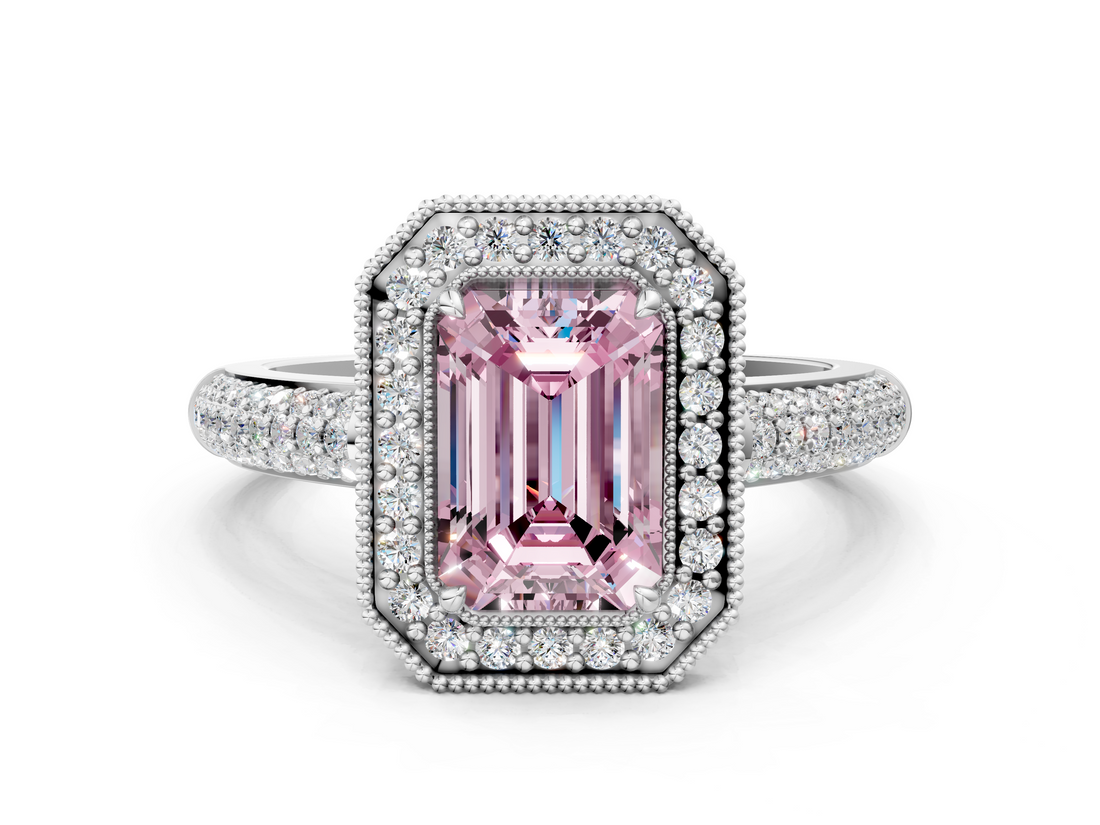 White gold Fancy Pink Emerald  Cut Halo Diamond Pave Band with Four-Prong Setting_37