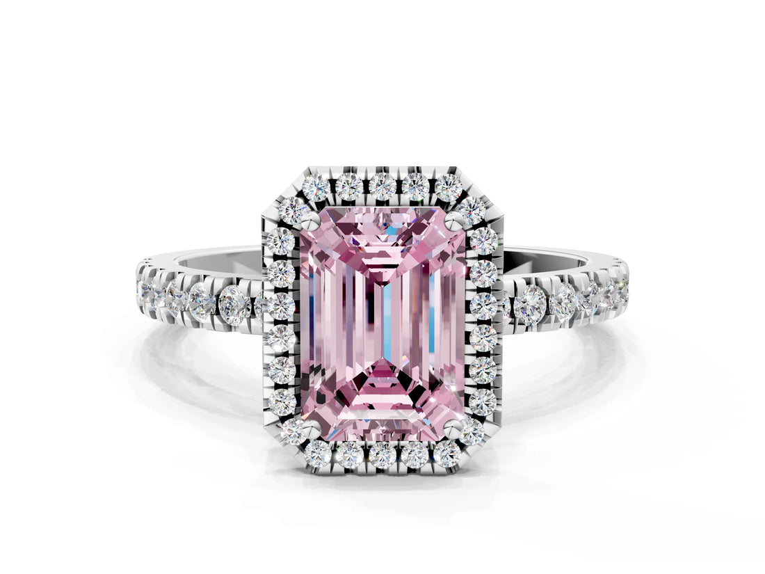 White gold Fancy Pink Emerald Cut Halo Diamond Pave Band with Prong Setting