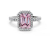 White gold Fancy Pink Emerald Cut Halo Diamond Pave Band with Prong Setting