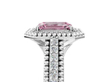 White gold Fancy Pink Emerald Cut Halo Diamond Ring with Beaded Split Shank and Four-Prong Setting_5