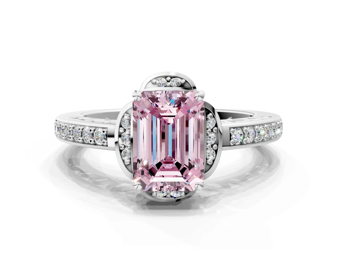 White gold Fancy Pink Emerald  Cut Halo Diamond Ring with Channel Set Band and Four-Prong Setting_32