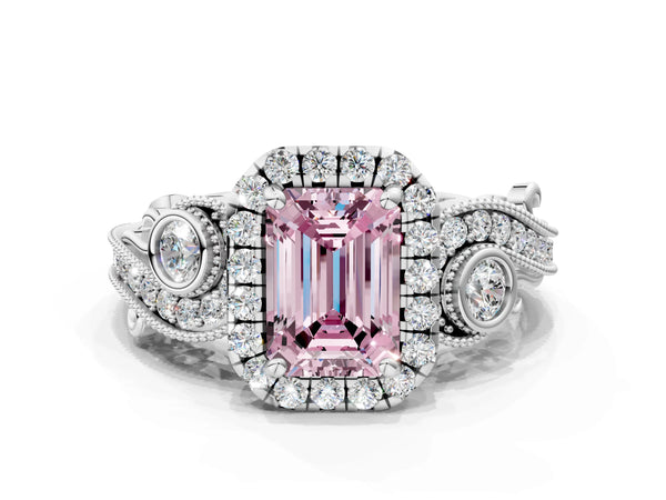 White gold Fancy Pink Emerald Cut Halo Diamond Ring with Milgrain and Bezel Accents on a Split Shank Band