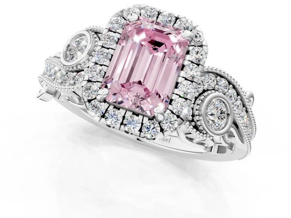White gold Fancy Pink Emerald Cut Halo Diamond Ring with Milgrain and Bezel Accents on a Split Shank Band