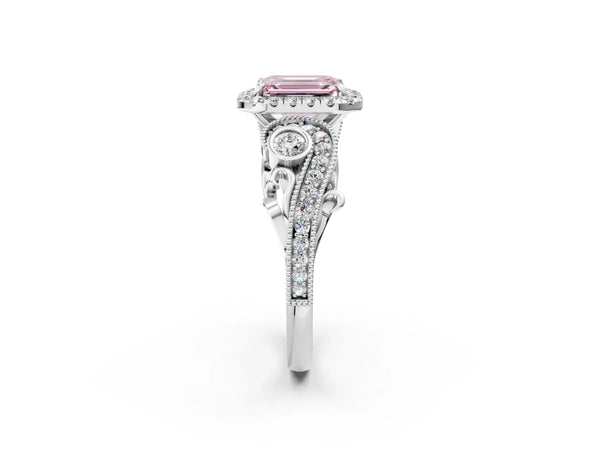 White gold Fancy Pink Emerald Cut Halo Diamond Ring with Milgrain and Bezel Accents on a Split Shank Band