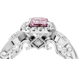 White gold Fancy Pink Emerald Cut Halo Diamond Ring with Milgrain and Bezel Accents on a Split Shank Band_16