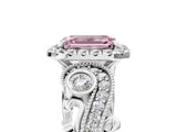 White gold Fancy Pink Emerald Cut Halo Diamond Ring with Milgrain and Bezel Accents on a Split Shank Band_18
