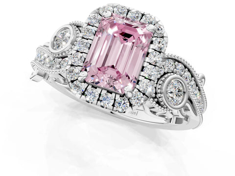 White gold Fancy Pink Emerald Cut Halo Diamond Ring with Milgrain and Bezel Accents on a Split Shank Band_1