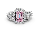 White gold Fancy Pink Emerald Cut Halo Diamond Ring with Milgrain and Bezel Accents on a Split Shank Band_24