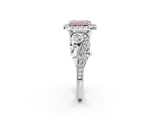 White gold Fancy Pink Emerald Cut Halo Diamond Ring with Milgrain and Bezel Accents on a Split Shank Band_26