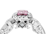 White gold Fancy Pink Emerald Cut Halo Diamond Ring with Milgrain and Bezel Accents on a Split Shank Band_28