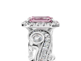 White gold Fancy Pink Emerald Cut Halo Diamond Ring with Milgrain and Bezel Accents on a Split Shank Band_29