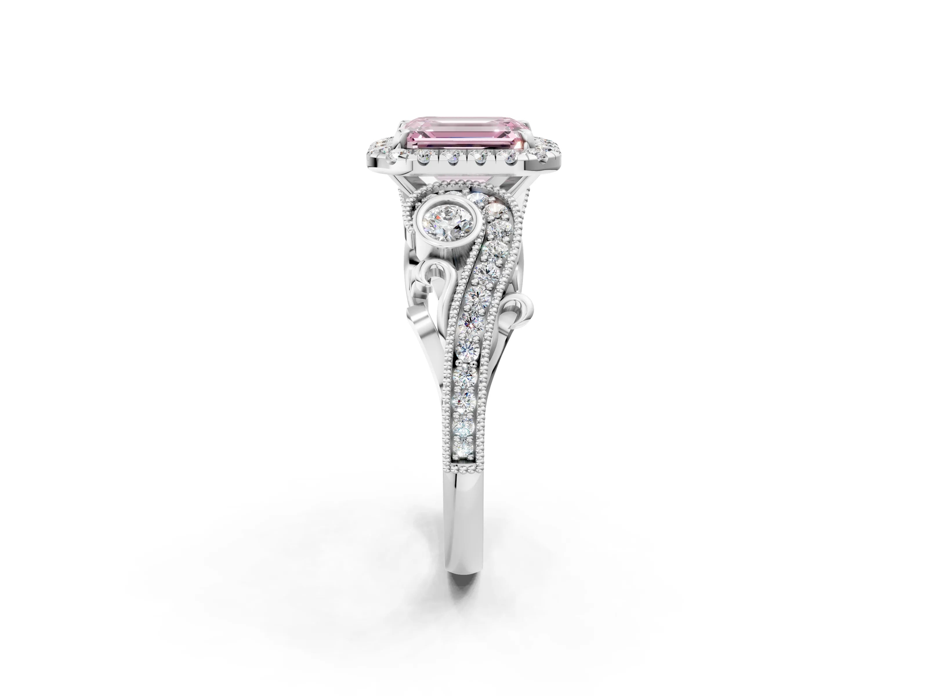 White gold Fancy Pink Emerald Cut Halo Diamond Ring with Milgrain and Bezel Accents on a Split Shank Band_2