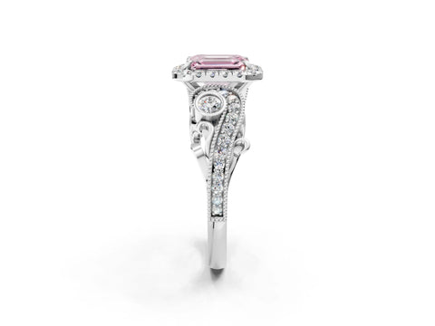 White gold Fancy Pink Emerald Cut Halo Diamond Ring with Milgrain and Bezel Accents on a Split Shank Band_2