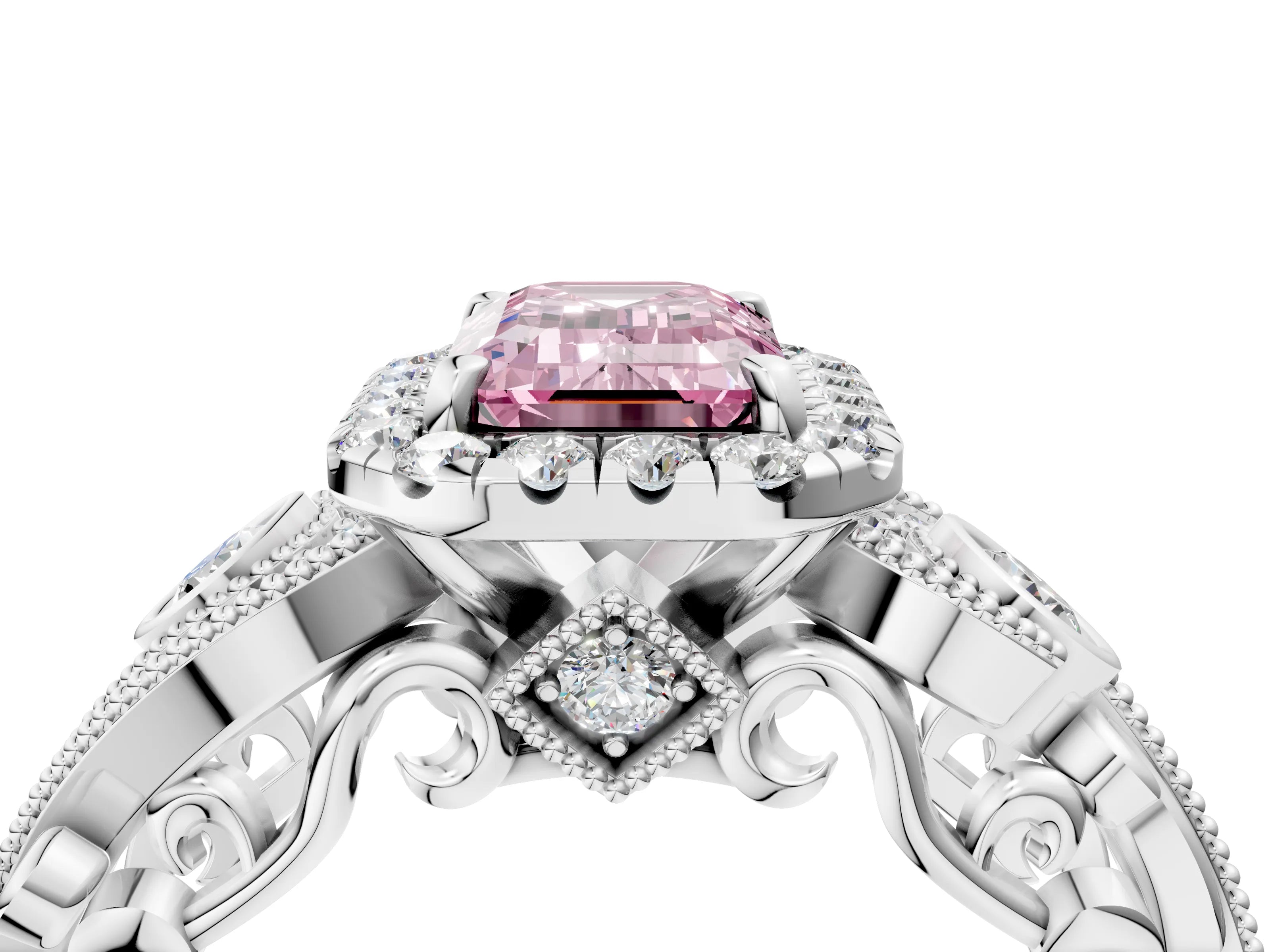 White gold Fancy Pink Emerald Cut Halo Diamond Ring with Milgrain and Bezel Accents on a Split Shank Band_4