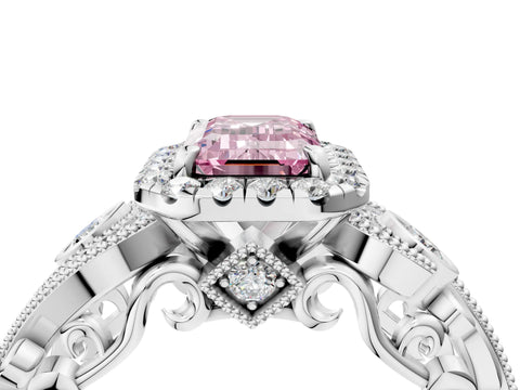 White gold Fancy Pink Emerald Cut Halo Diamond Ring with Milgrain and Bezel Accents on a Split Shank Band_4