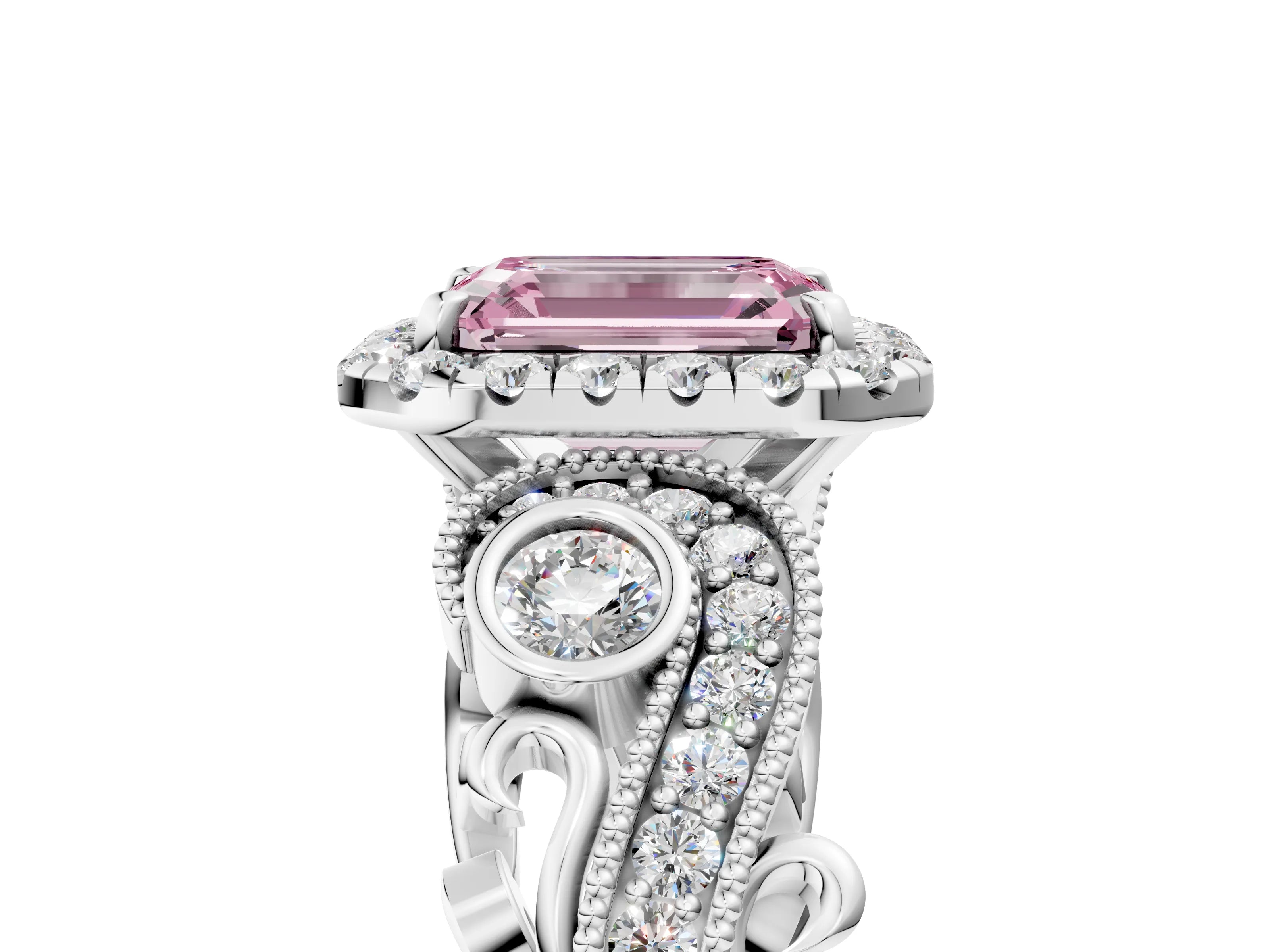 White gold Fancy Pink Emerald Cut Halo Diamond Ring with Milgrain and Bezel Accents on a Split Shank Band_5