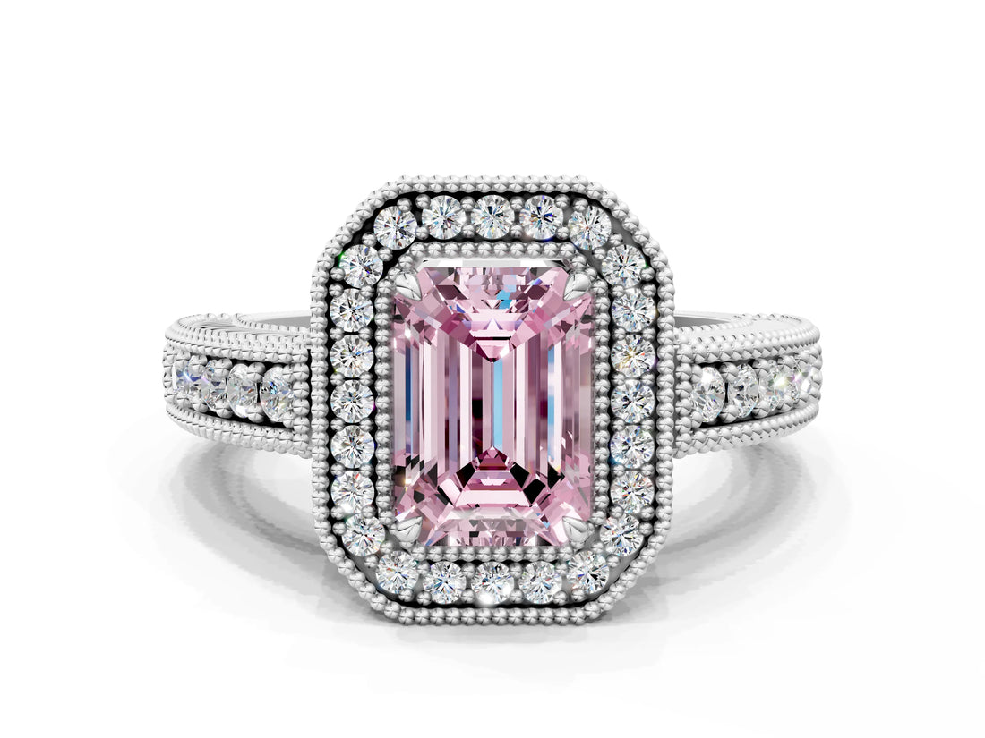 White gold Fancy Pink Emerald  Cut Halo Diamond Ring with Pavé Band and Four-Prong Setting_69
