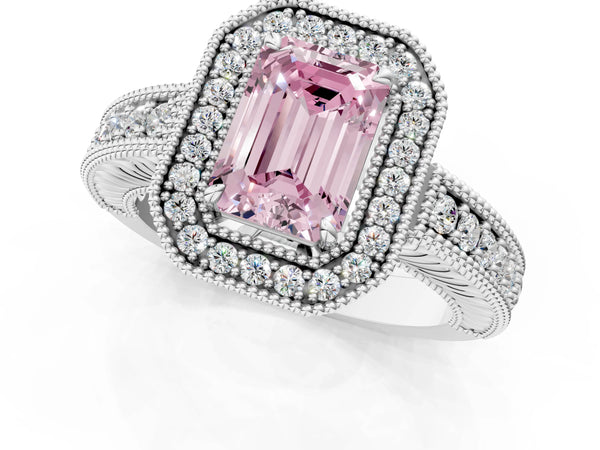 Platinum Fancy Pink Emerald  Cut Halo Diamond Ring with Pavé Band and Four-Prong Setting