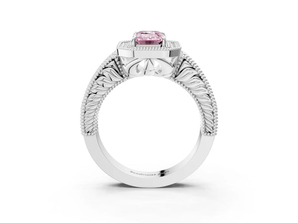 Platinum Fancy Pink Emerald  Cut Halo Diamond Ring with Pavé Band and Four-Prong Setting